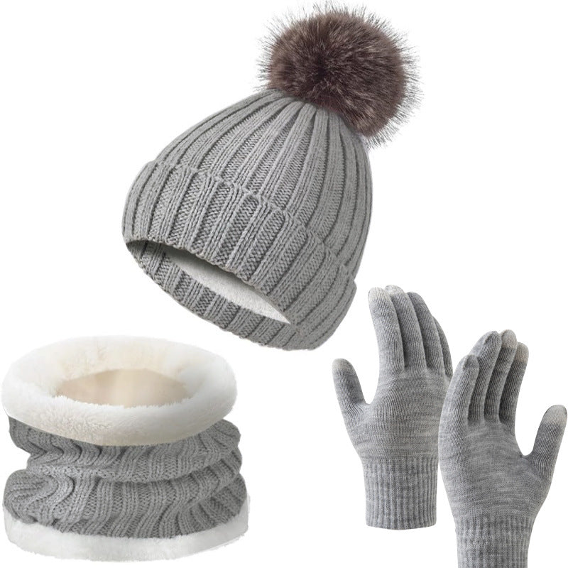 Wholesale Knitted Wool Warm Plus Velvet Thick Winter Scarf Gloves Hat Neck Three-piece Set